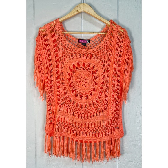 Y2K Women's Crochet Boho Shawl So What Sz-L Orange Flowy Fairy Hippie Coquette - Picture 2 of 7